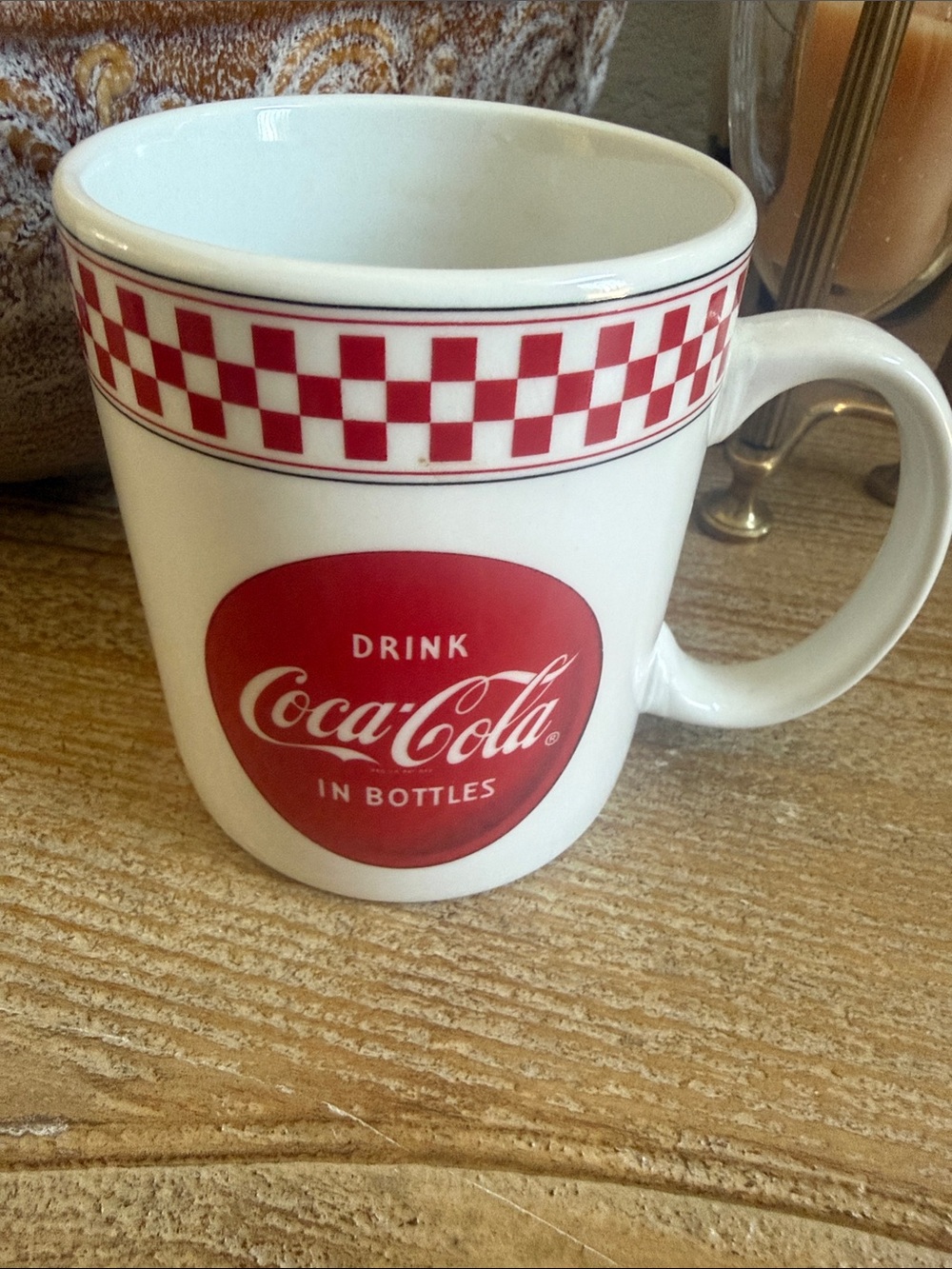 1996 Vintage Coca Cola White Mug with Red Logo and Check Border